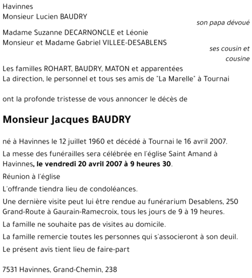 Jacques BAUDRY († 16/04/2007) | Inmemoriam