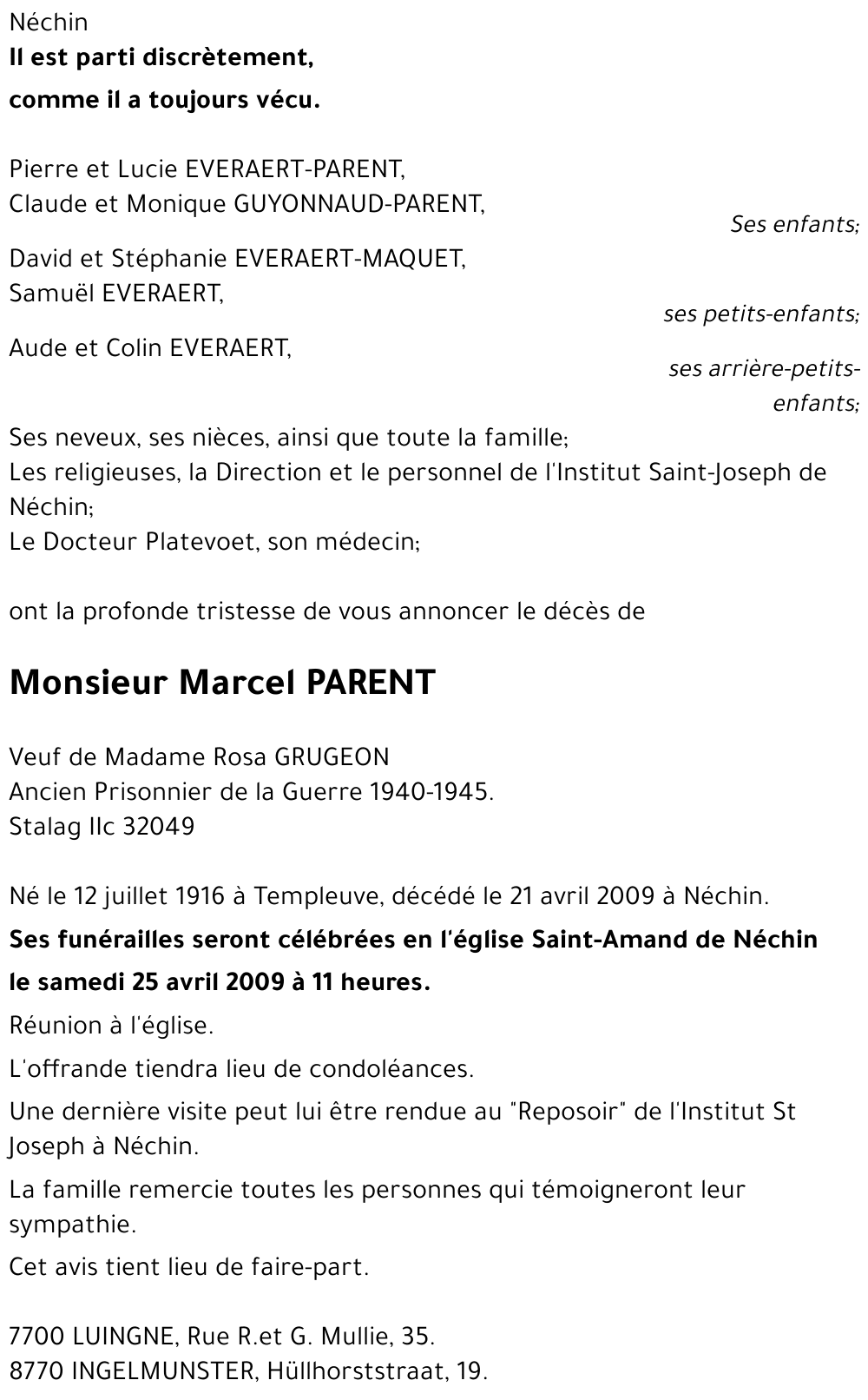 Marcel PARENT († 21/04/2009) | Inmemoriam