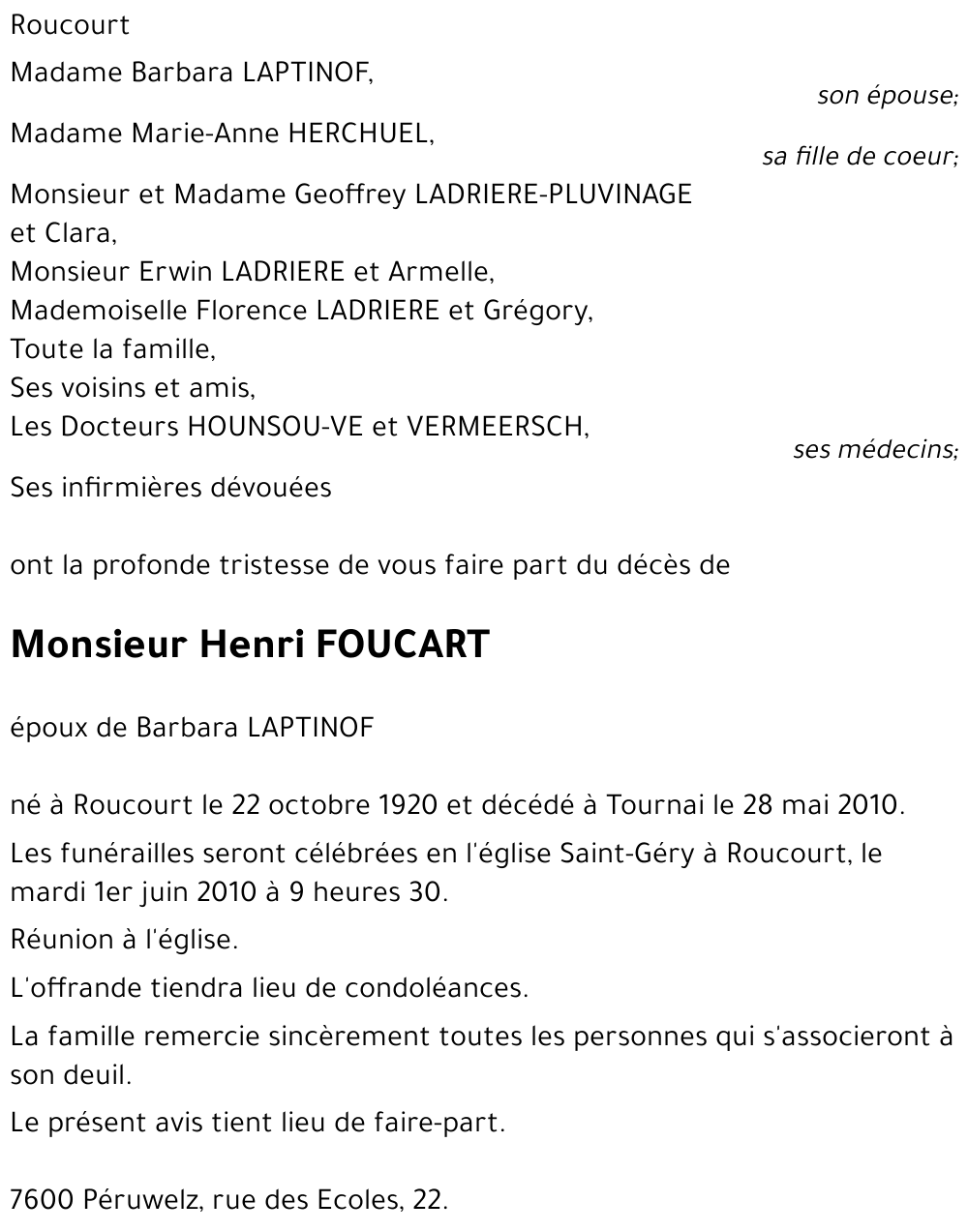 Henri FOUCART († 28/05/2010) | Inmemoriam