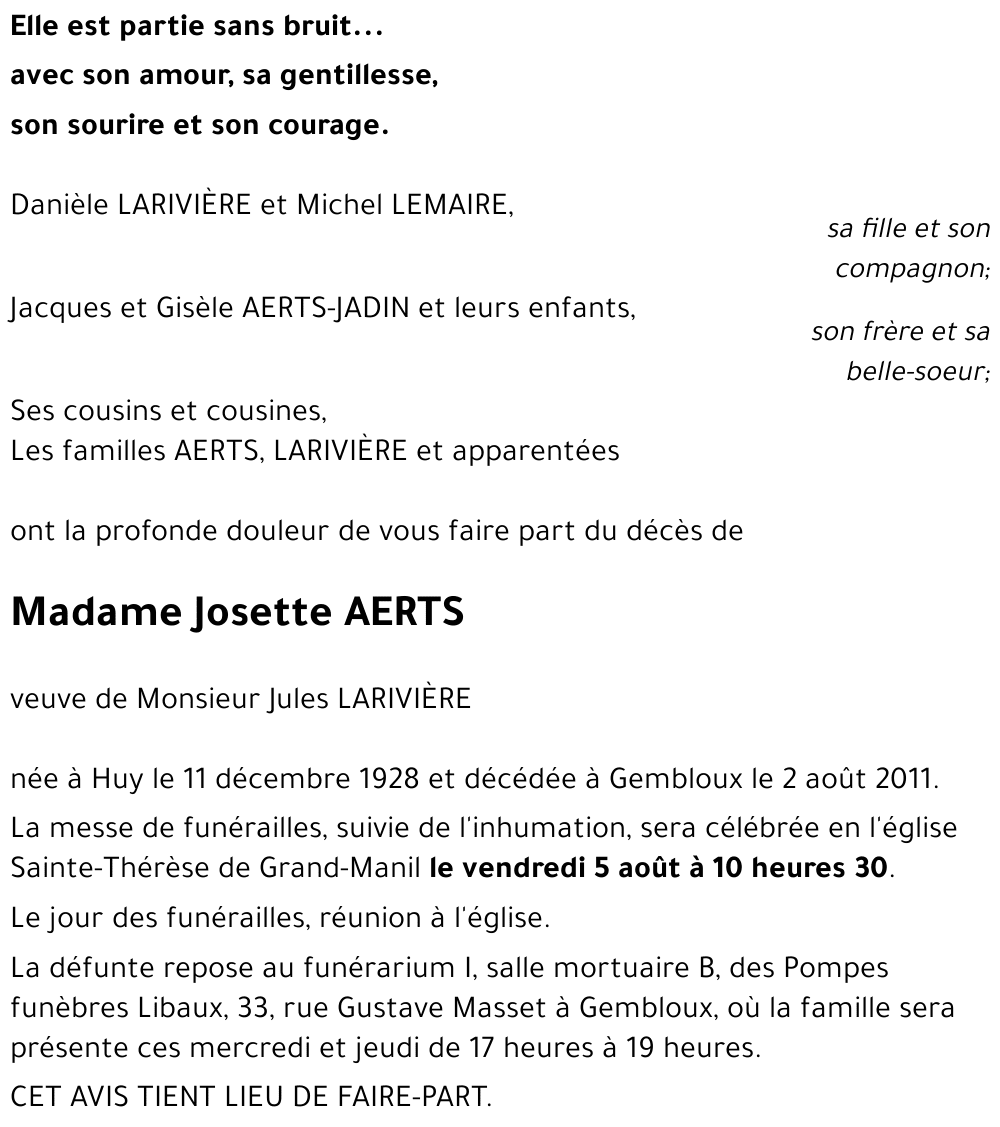 Josette AERTS († 02/08/2011) | Inmemoriam