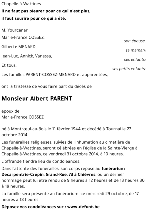 Albert PARENT († 27/10/2014) | Inmemoriam