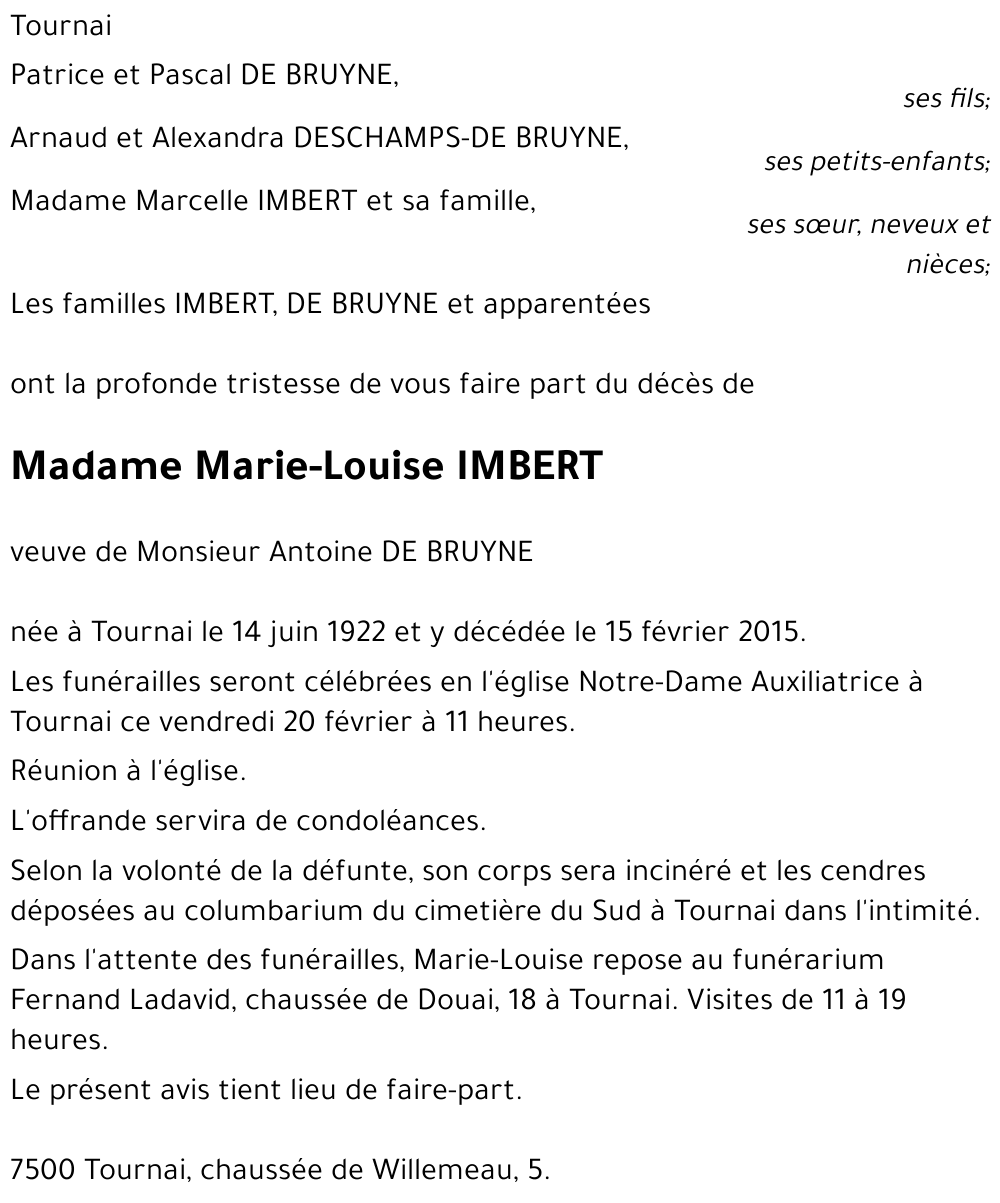 Marie-Louise IMBERT († 15/02/2015) | Inmemoriam