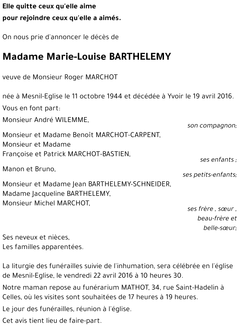 Marie -louise BARTHELEMY († 19/04/2016) | Inmemoriam