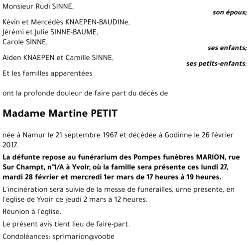 Martine PETIT († 26/02/2017) | Inmemoriam