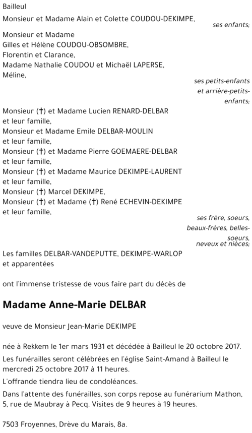 Anne-Marie DELBAR († 20/10/2017) | Inmemoriam