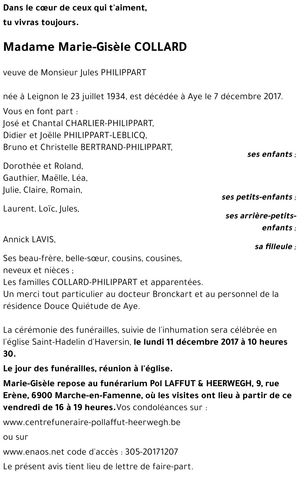 Marie-Gisèle COLLARD († 07/12/2017) | Inmemoriam