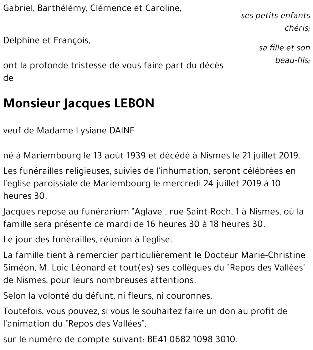 Jacques LEBON († 21/07/2019) | Inmemoriam