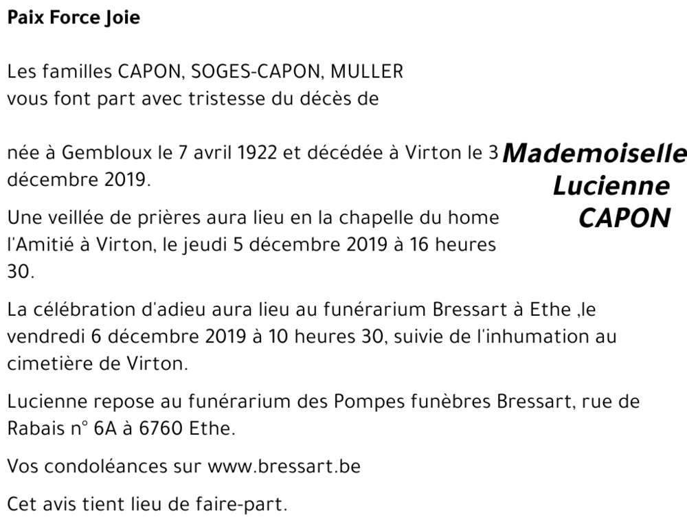 Lucienne CAPON († 03/12/2019) | Inmemoriam