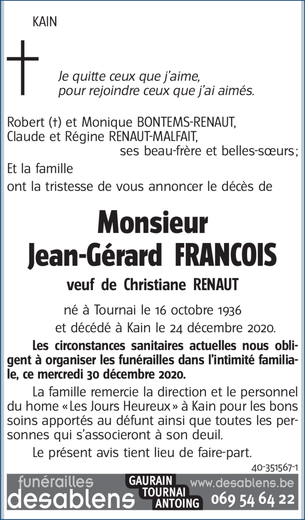 Jean-Gérard FRANCOIS († 24/12/2020) | Inmemoriam