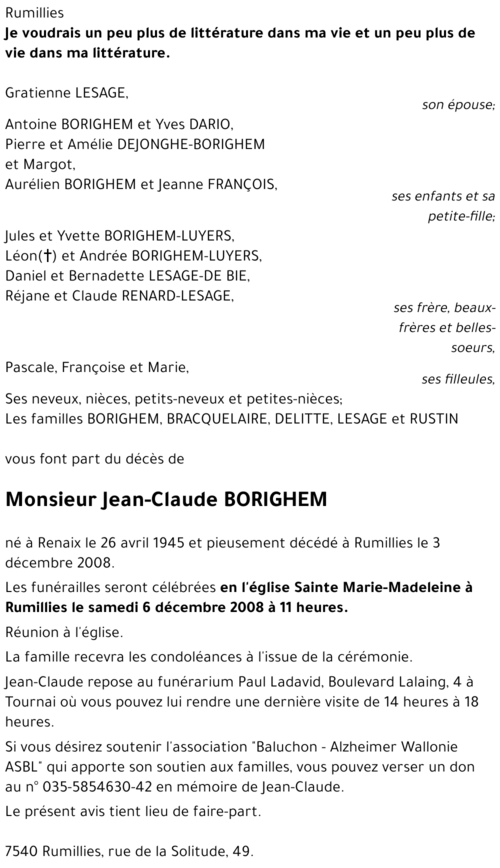 Jean-Claude BORIGHEM († 03/12/2008) | Inmemoriam