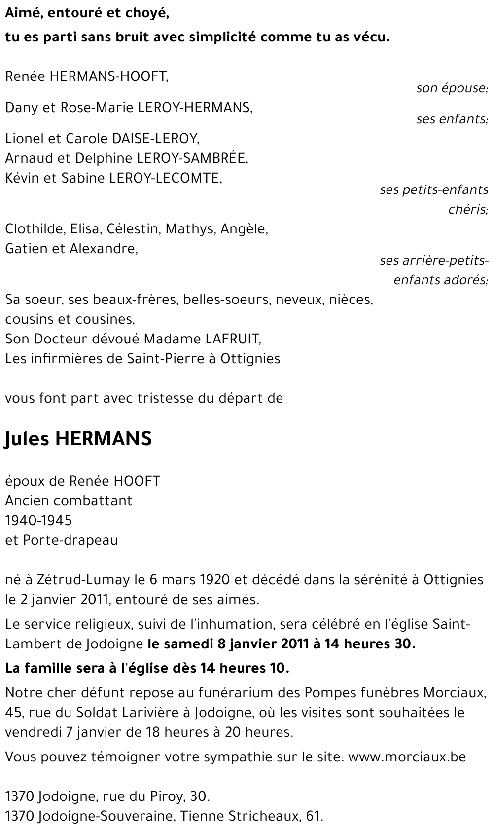 Jules HERMANS († 02/01/2011) | Inmemoriam