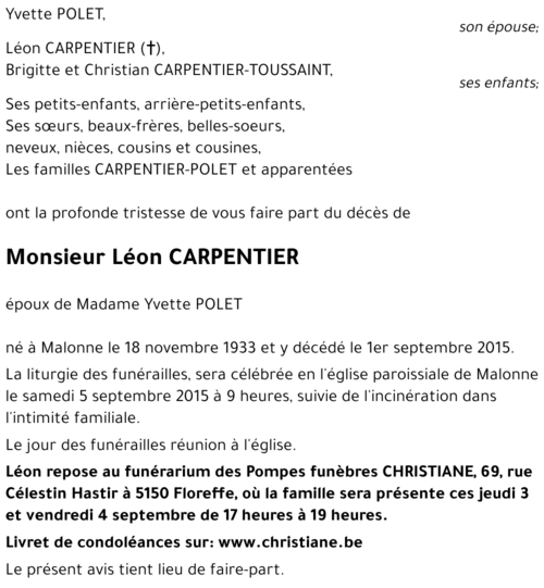 Léon CARPENTIER († 01/09/2015) | Inmemoriam