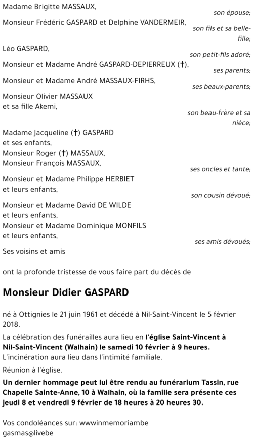 Didier GASPARD († 05/02/2018) | Inmemoriam
